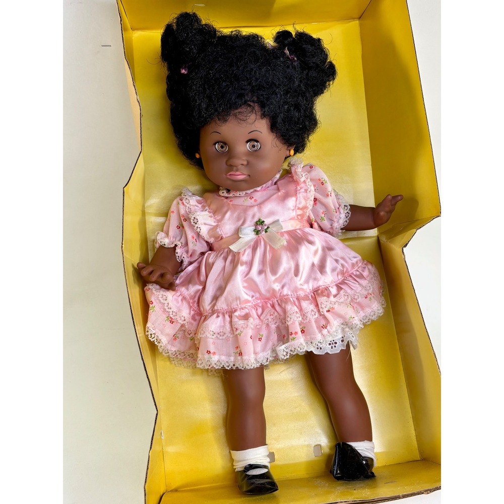 Vintage 1987 Eugene Satin n Lace Black Baby Doll Pink Dress 18 inch NOS Boxed